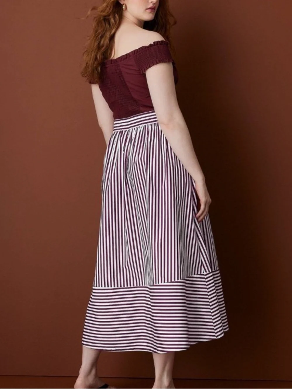 Rosie Assoulin x Target drawstring poplin striped midi skirt burgundy medium new